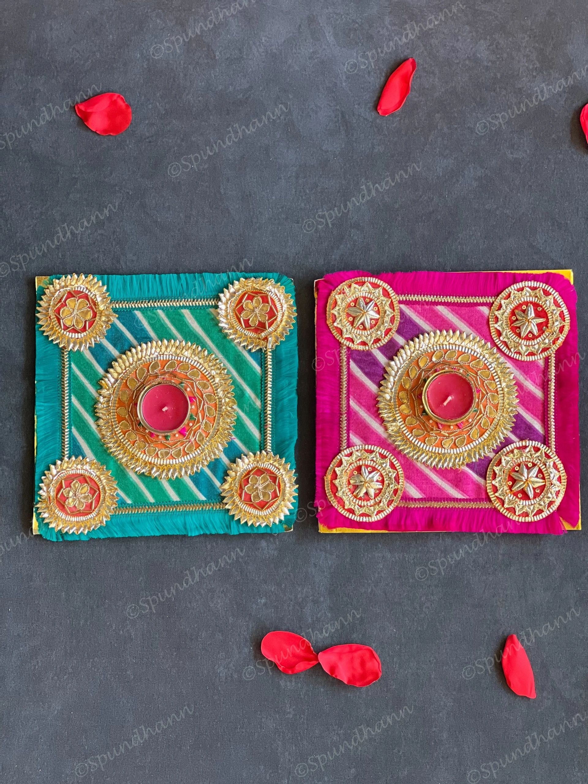 Square Leheriya & Gold Gota Tea Light Holder with Ganesha