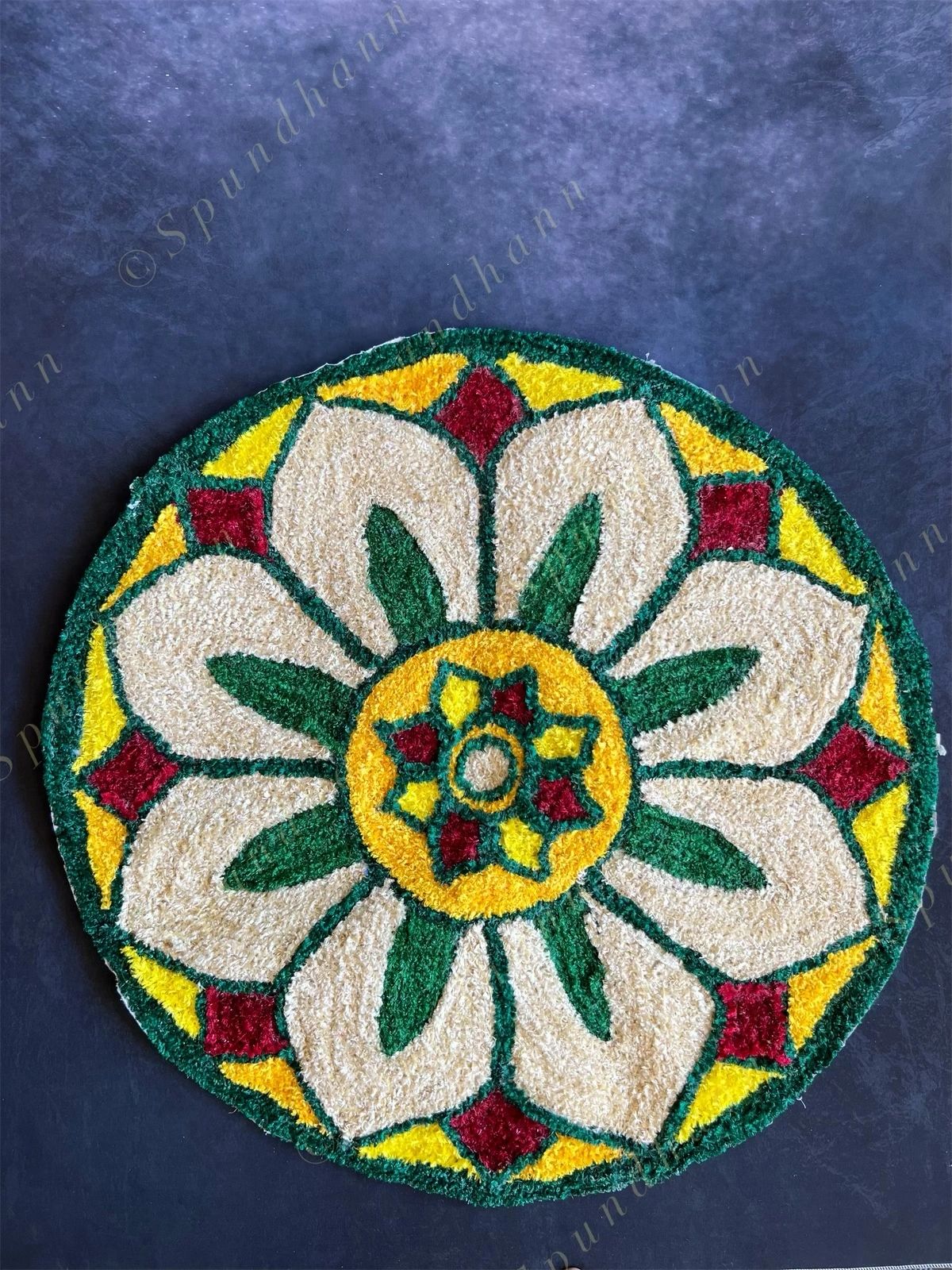 White, Orange & Green Round Floral Rangoli Floor Mat