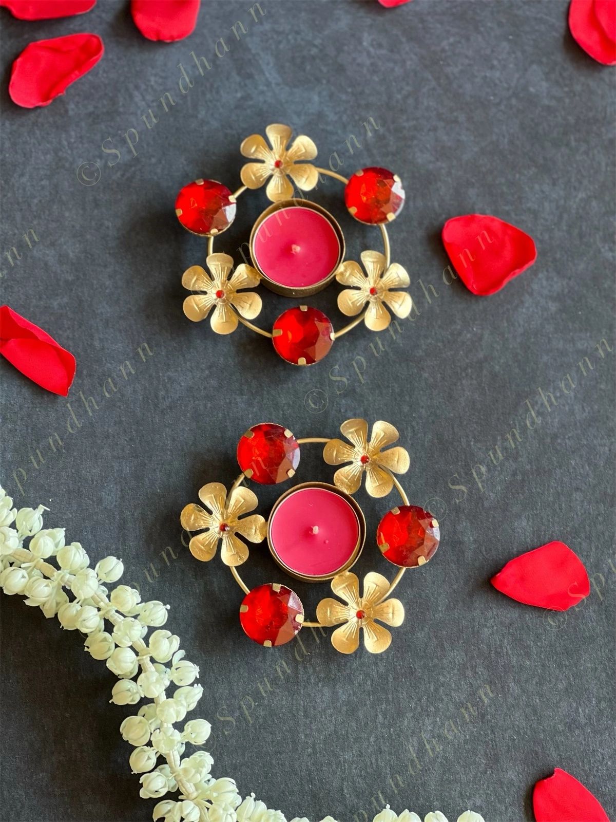 Red Stone & Gold Flower Tea Light Holder