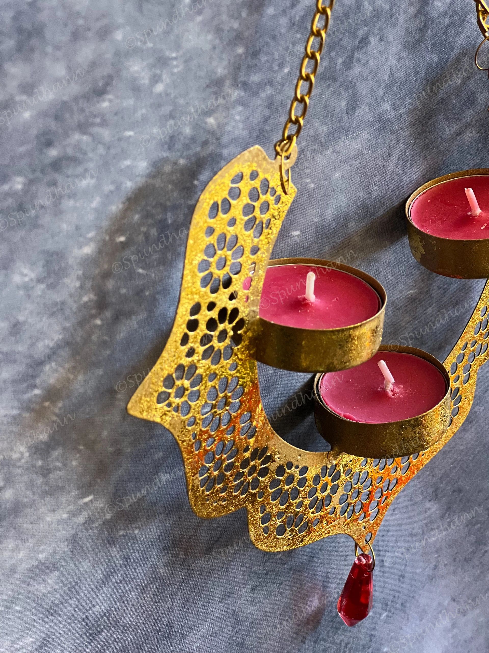 Dainty Metal Hanging Pendant Tea Light Holder with Red Drop