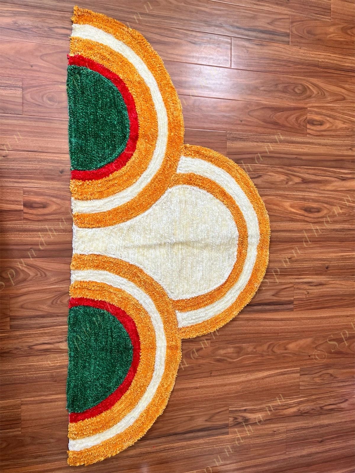 Semi Circle White & Orange Rangoli Floor Mat