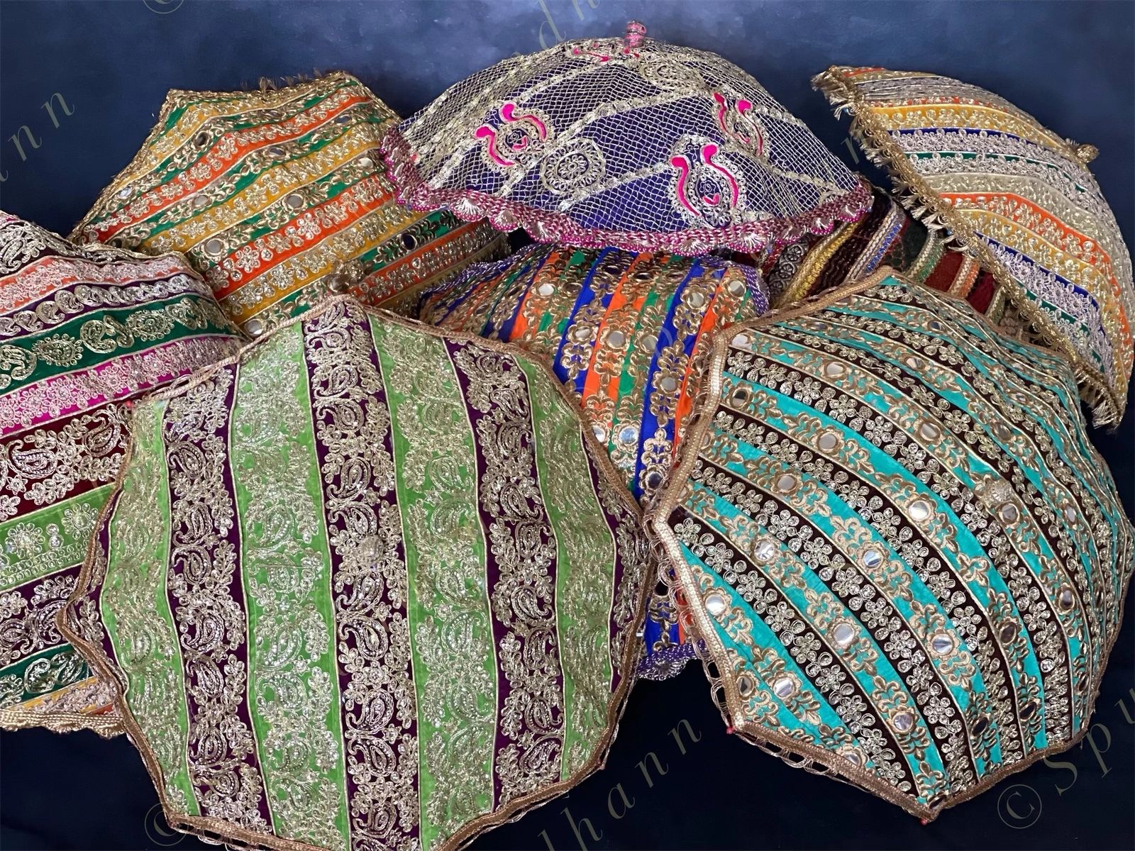 Multicolored Cotton Fabric Gold Embroidered & Striped Vintage Umbrellas