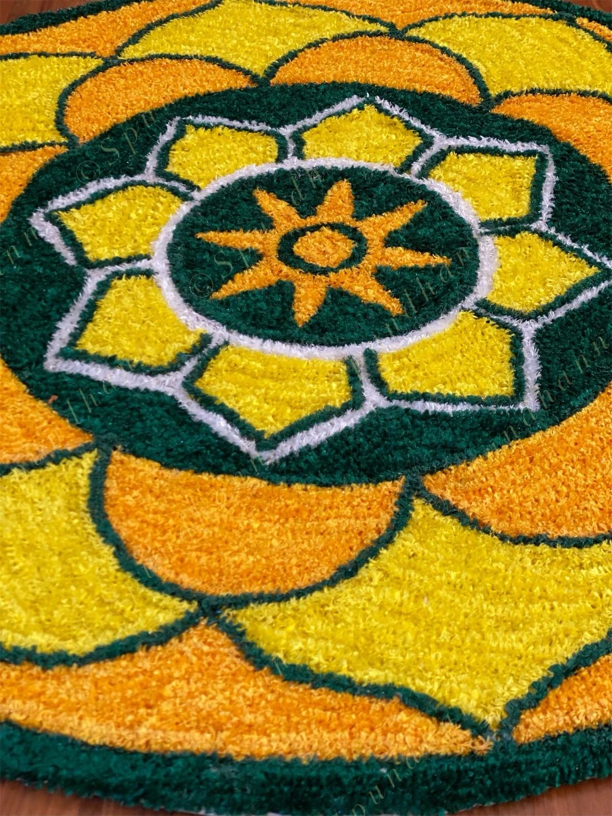 Yellow, Green & White Round Floral Rangoli Floor Mat