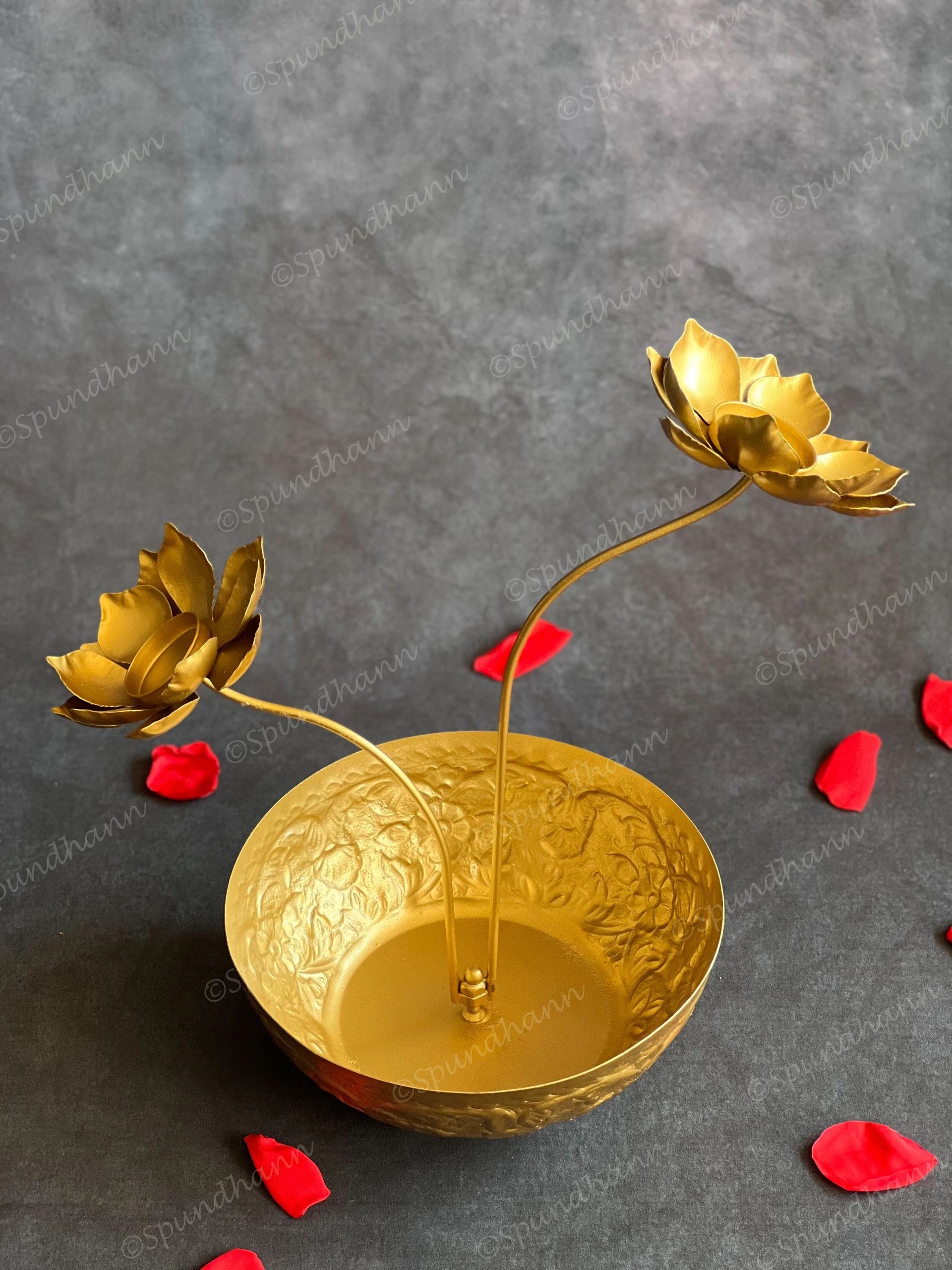 Embossed Urli with Lotus Stem Tea Light Holder