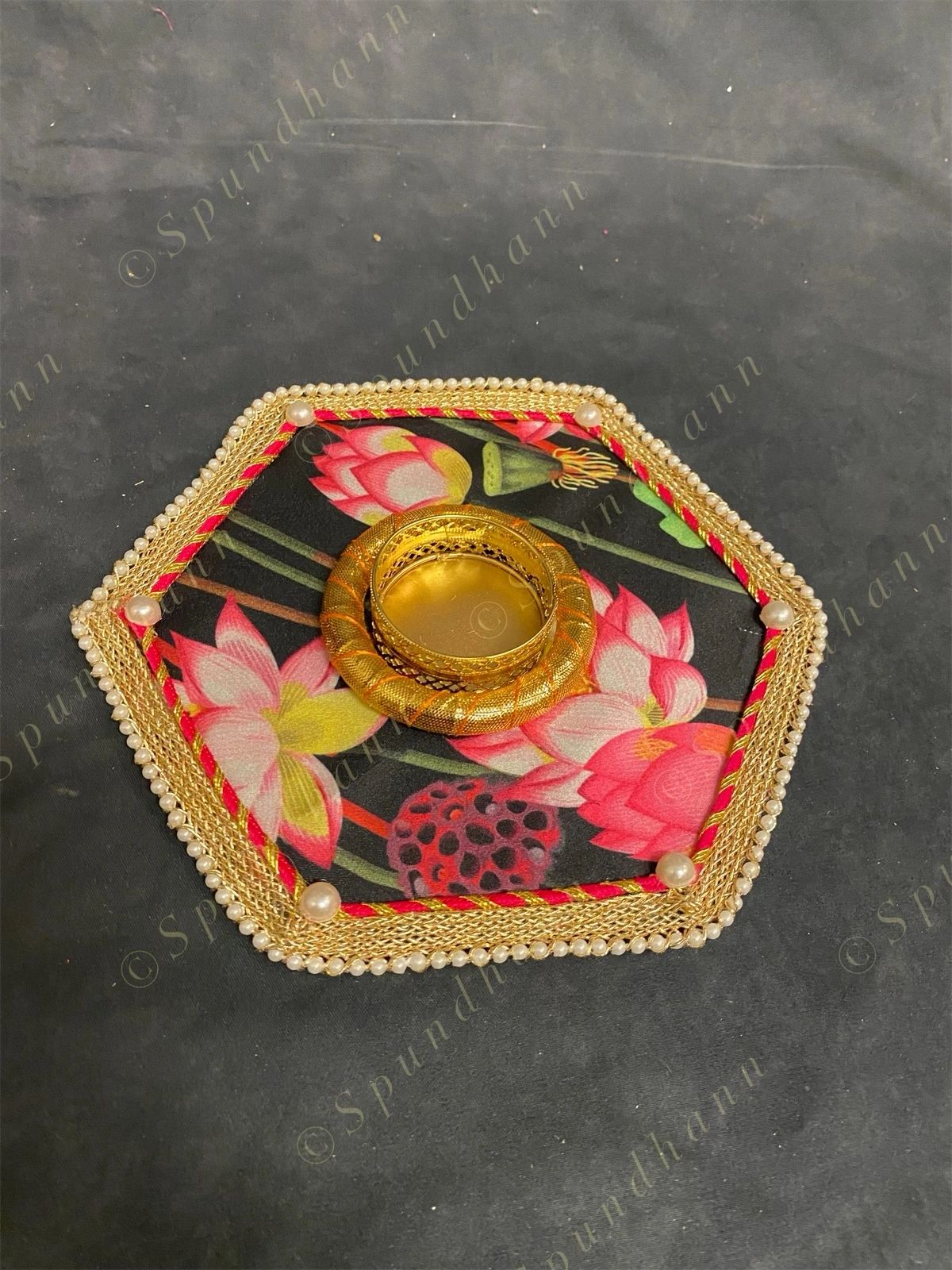 Hexagon Tea Light Holder with Lotus Pattern