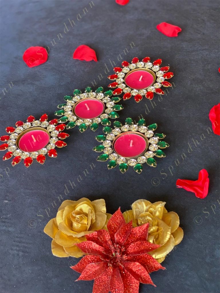 Double Gemstone Studded Floral Tea Light Holder
