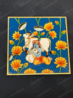 Lord Krishna with His Cows & Lotus Square Pichwai Wall Hanging Plate