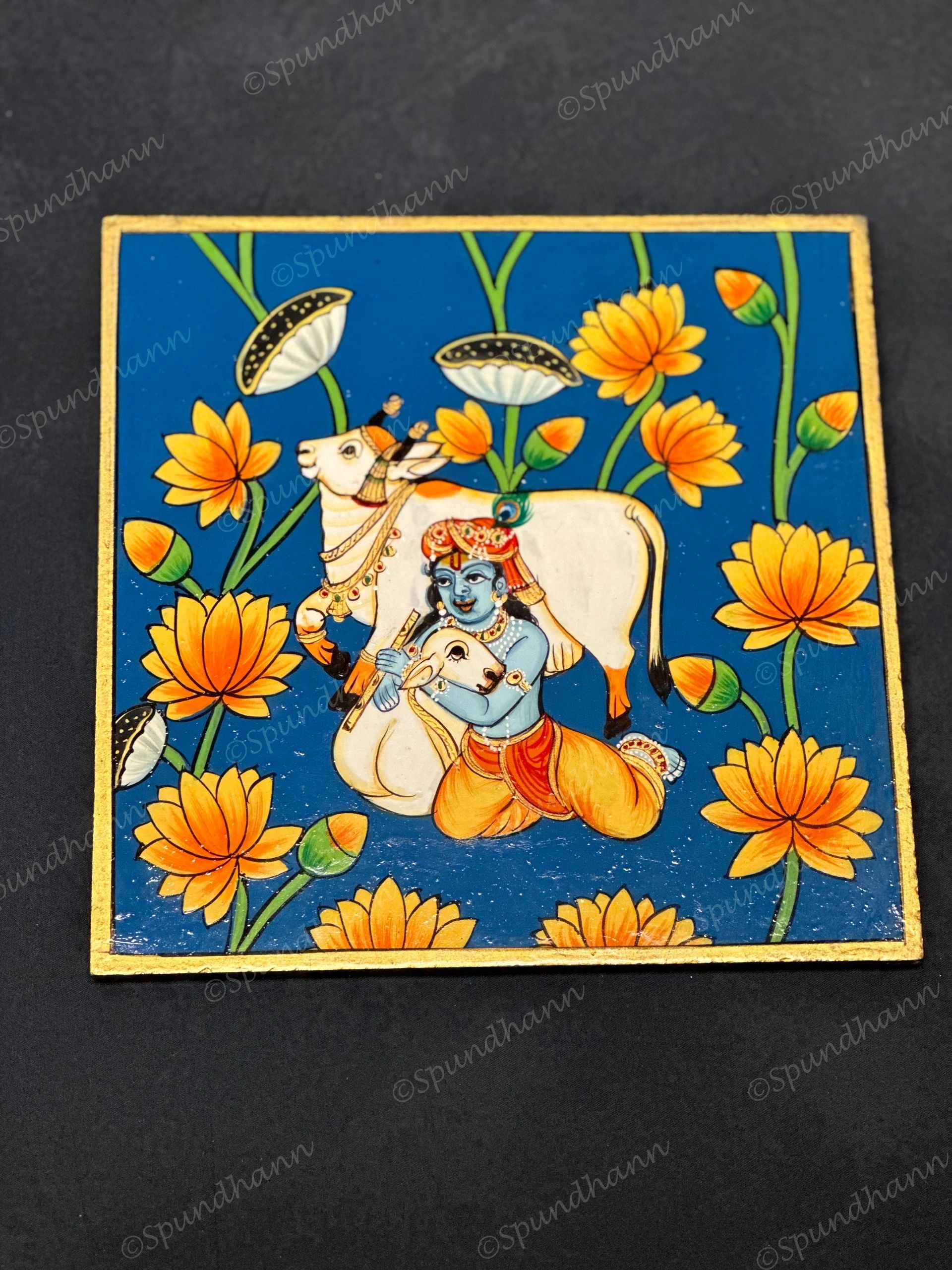 Lord Krishna with His Cows & Lotus Square Pichwai Wall Hanging Plate
