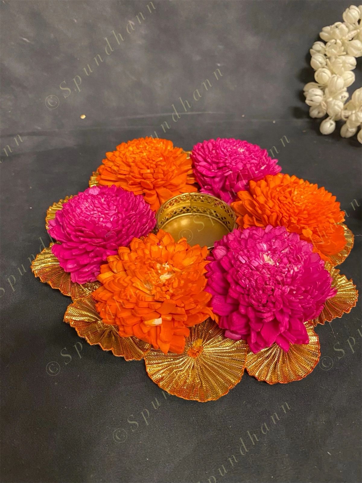 Sholawood Marigold Flower With Gotapatti Frill Tea Light Holder
