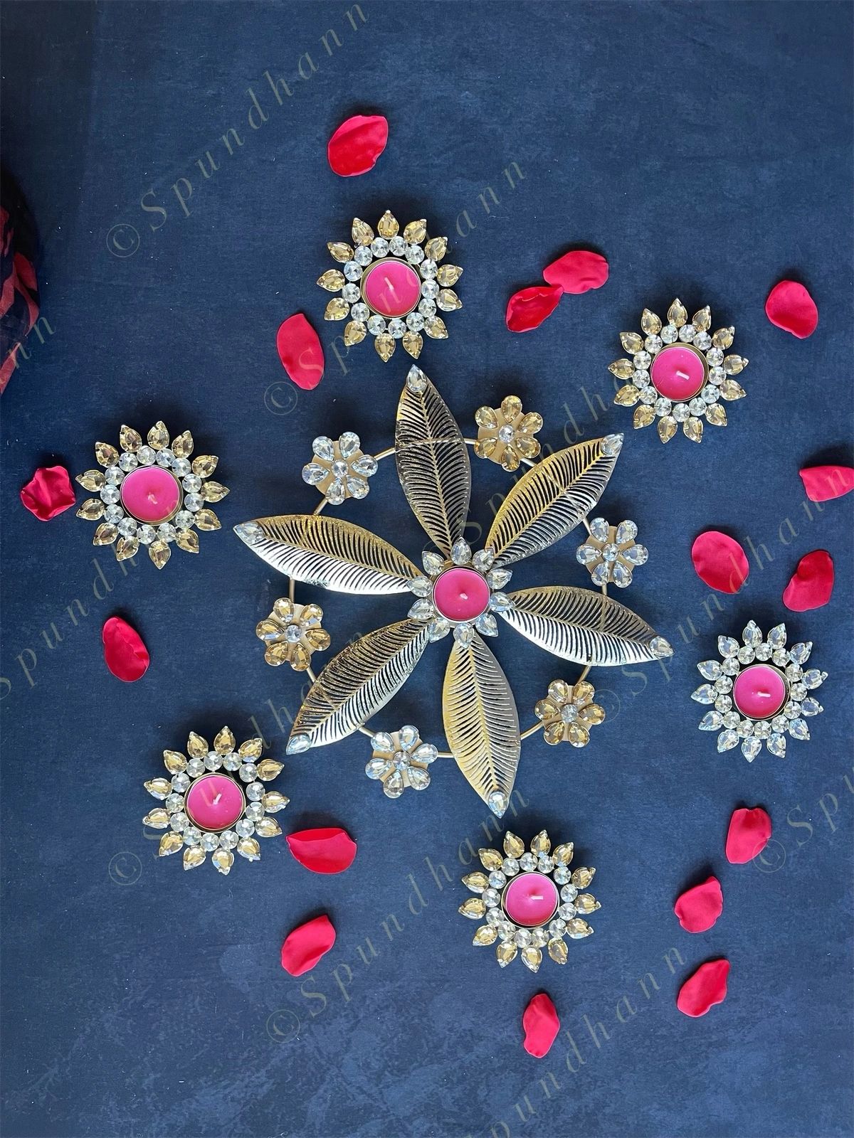 Floral Metal Rangoli with Small Gemstones Tea Light Holder