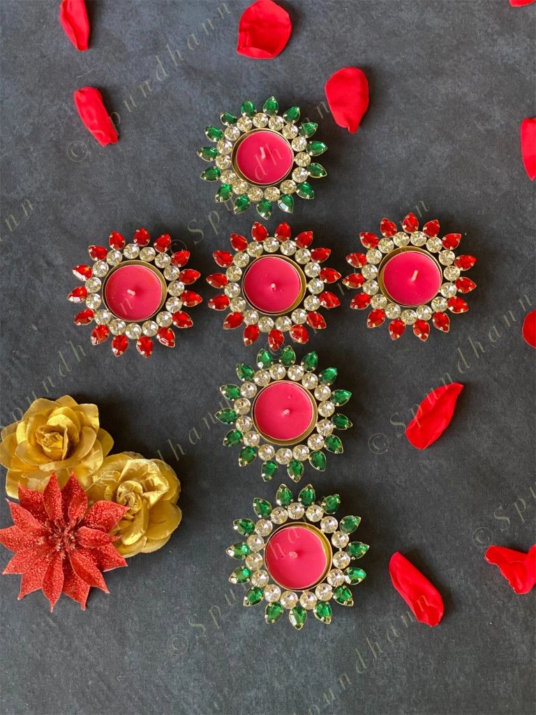 Double Gemstone Studded Floral Tea Light Holder