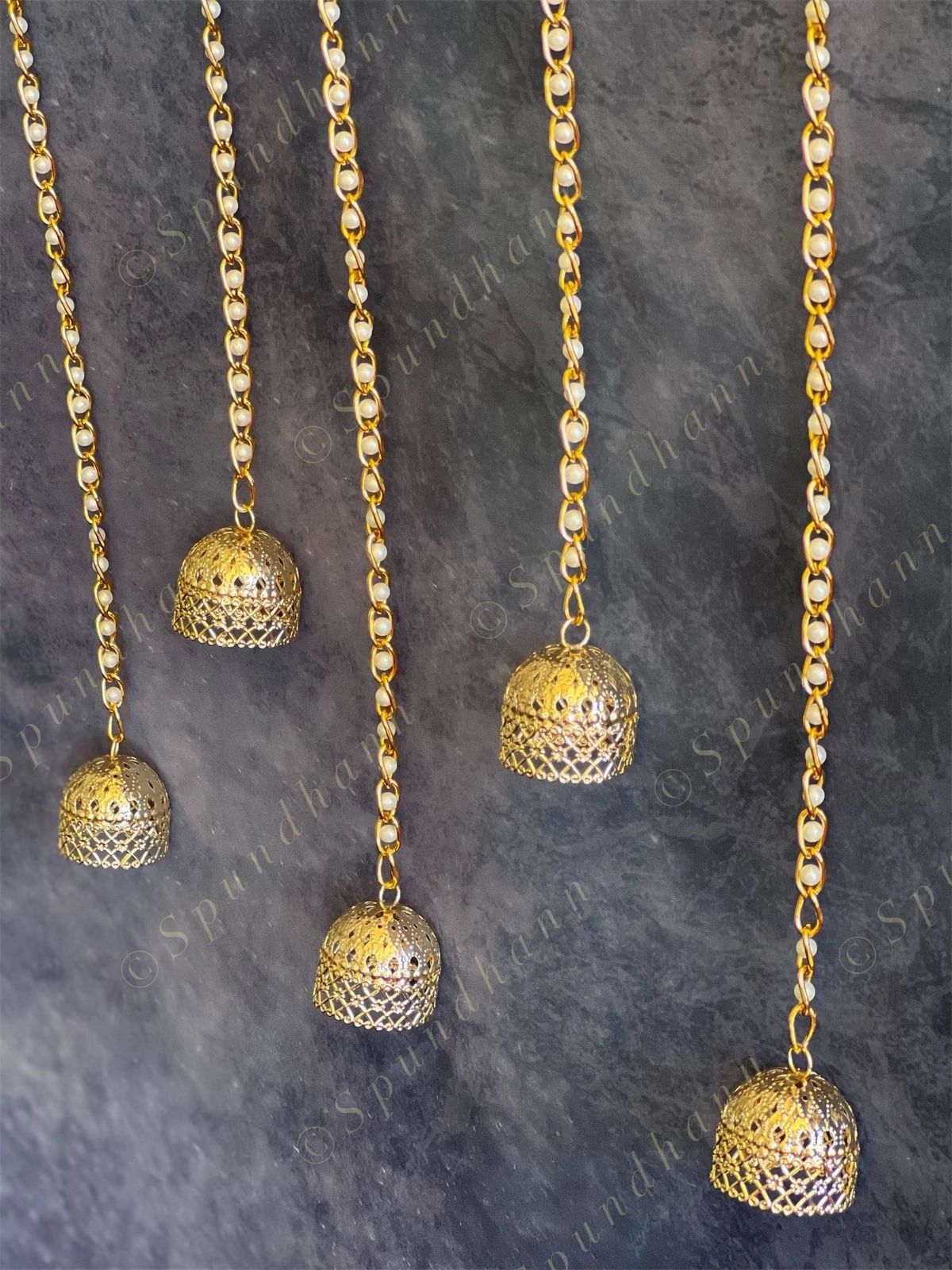 Golden Bell Dome Danglers with Pearl Chain String Pair