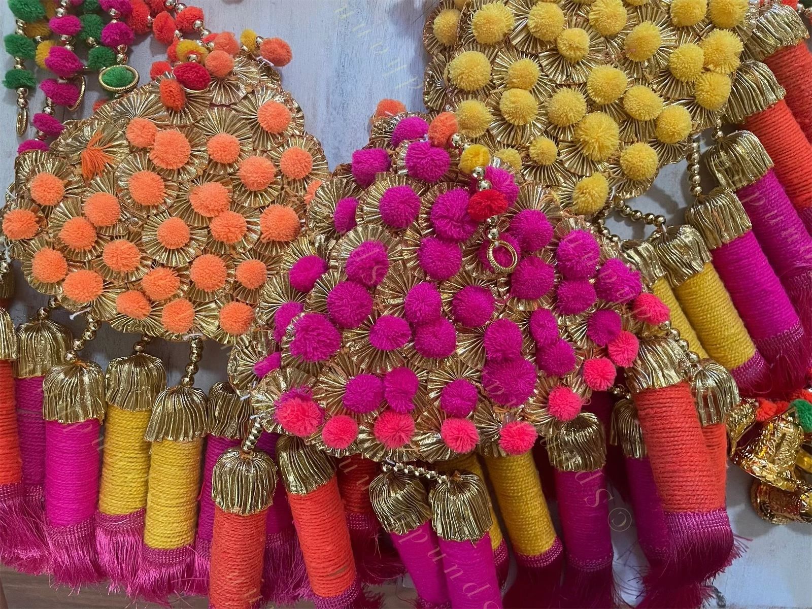 Pom Pom Gota Triangle Hanging Decor w/ Multi Color Tassels