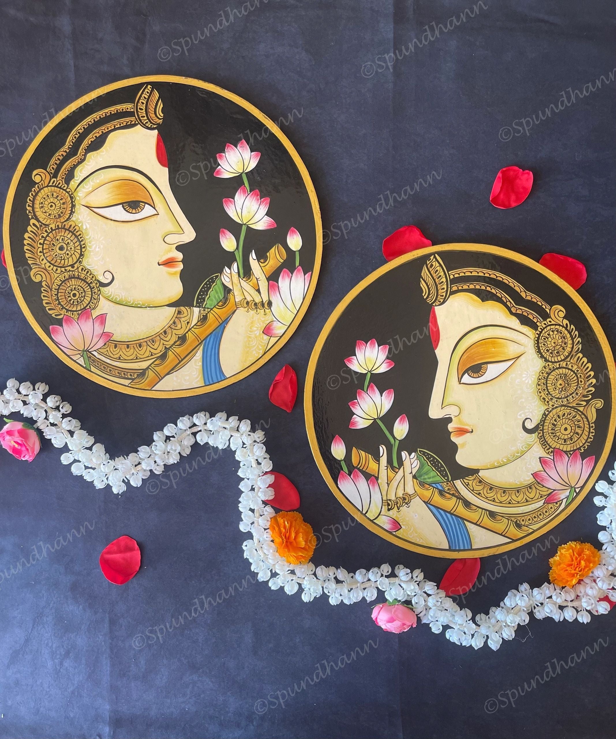Beautifully Adorned Rajasthani Woman Pichwai Wall Hanging Plate Black