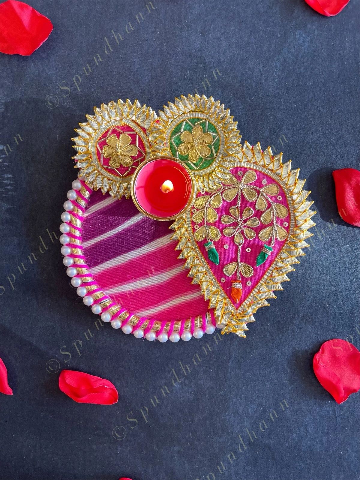 Colorful Leheriya, Gota & Pearl Studded Tea Light Holder