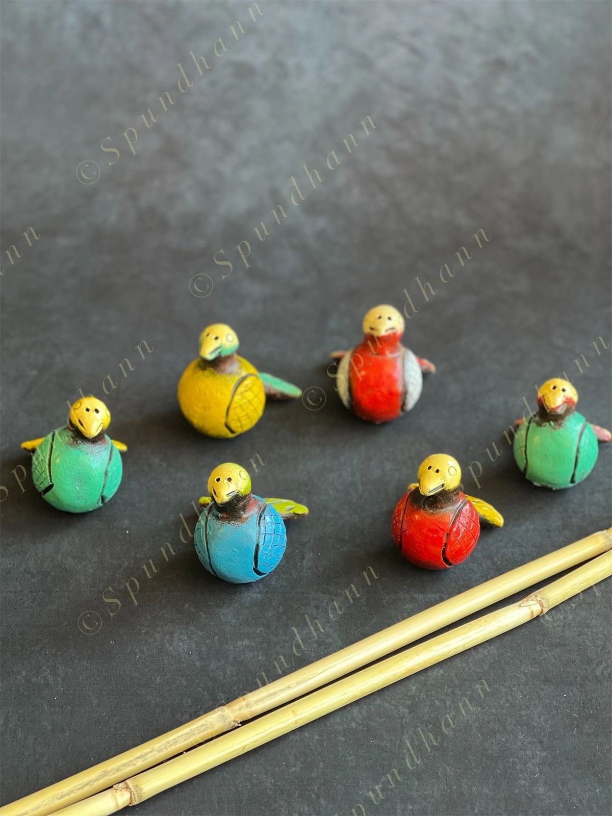 Multicolored Terracotta Mini Birds on Stick