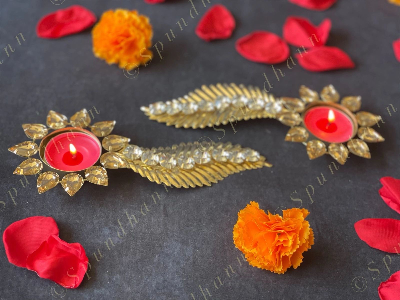 Gemstone Studded Flower & Feather Tea Light Holder