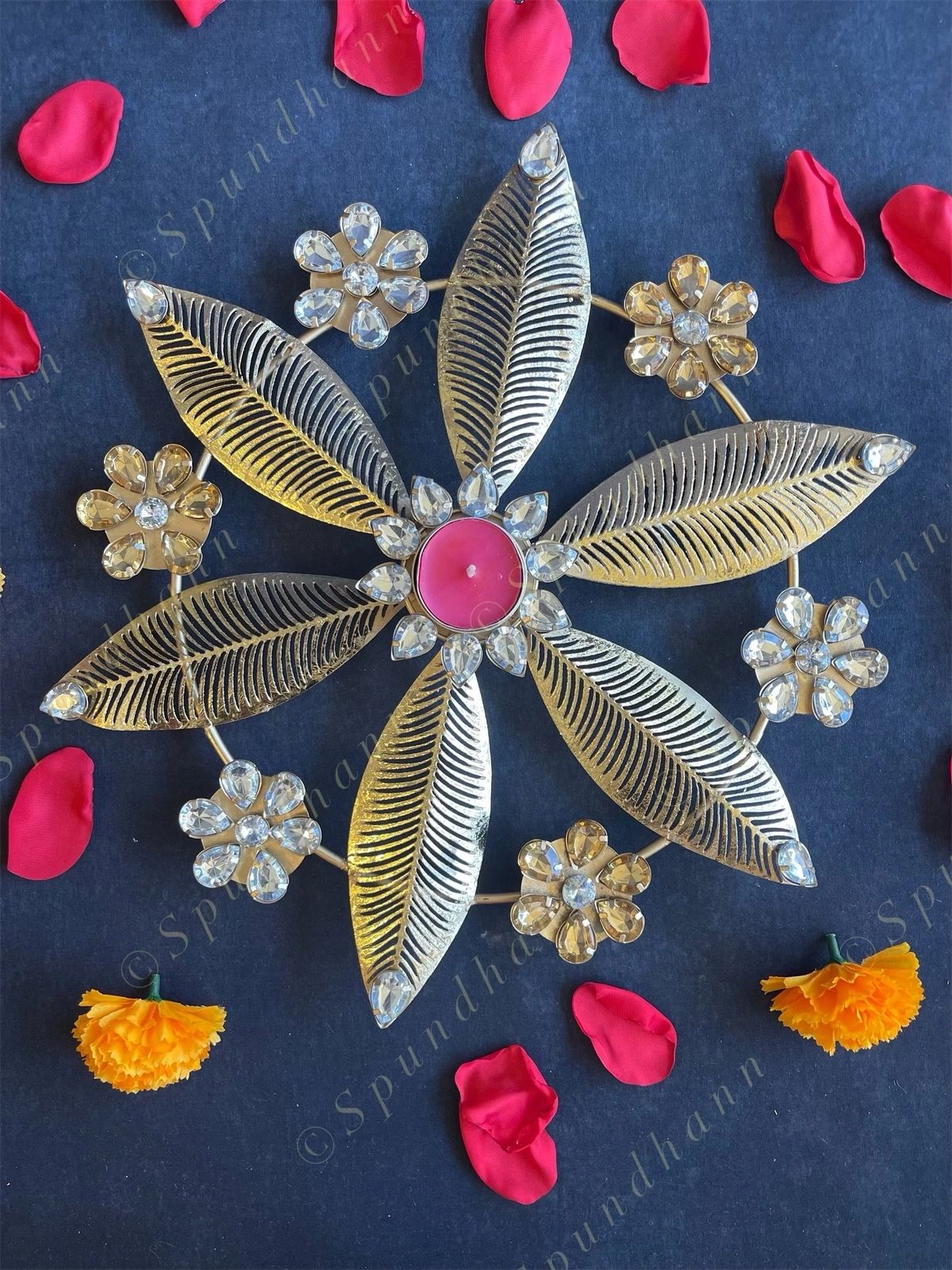 Floral Metal Rangoli with Small Gemstones Tea Light Holder
