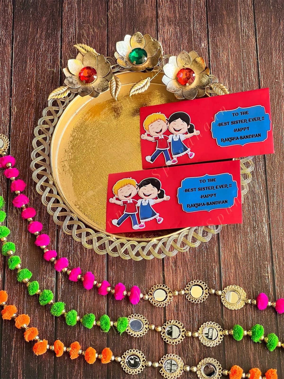 Rakhi Envelope in Red Color with Dancing Siblings
