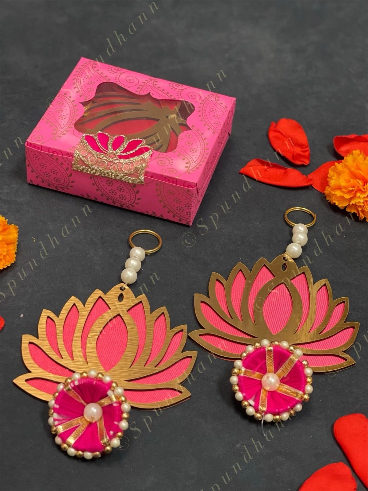 Decorated Gift Box with Lotus Danglers