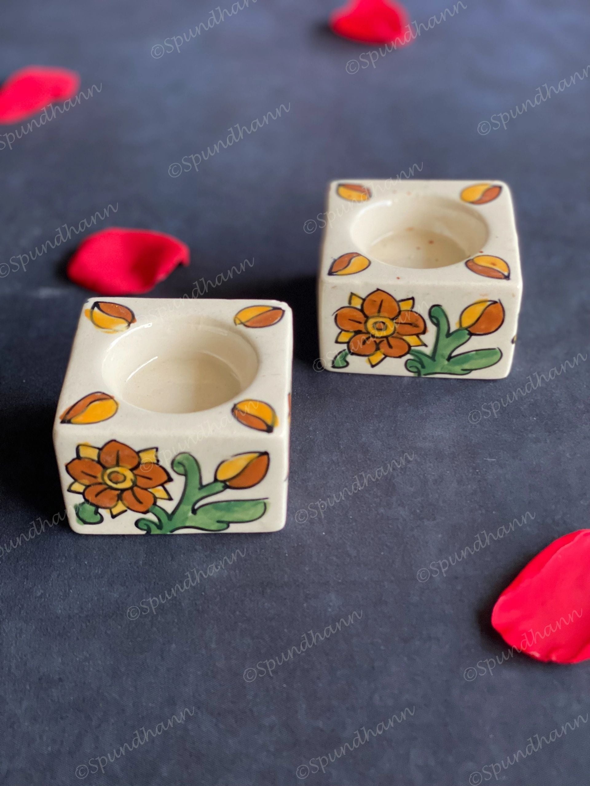 Ceramic Square Floral Painted Tea Light Holders