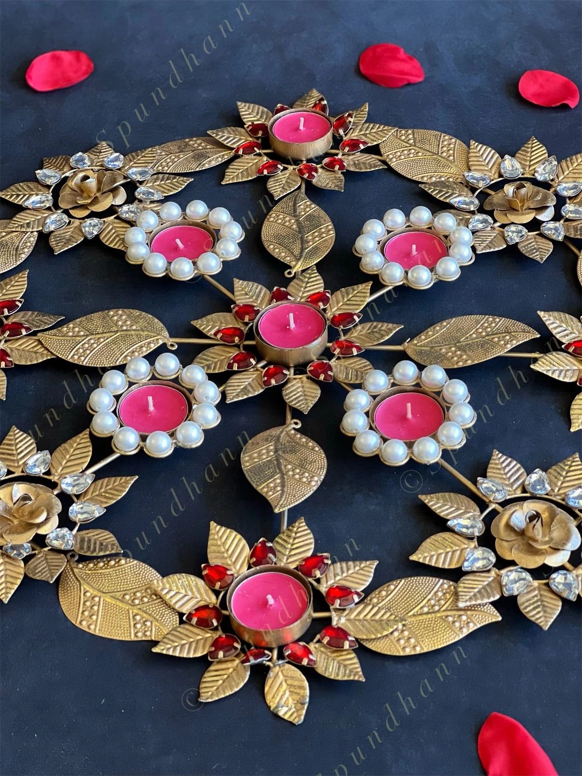 Metal Leaf, Flower Rangoli Tea Light Holder with Pearls & Red Gemstones