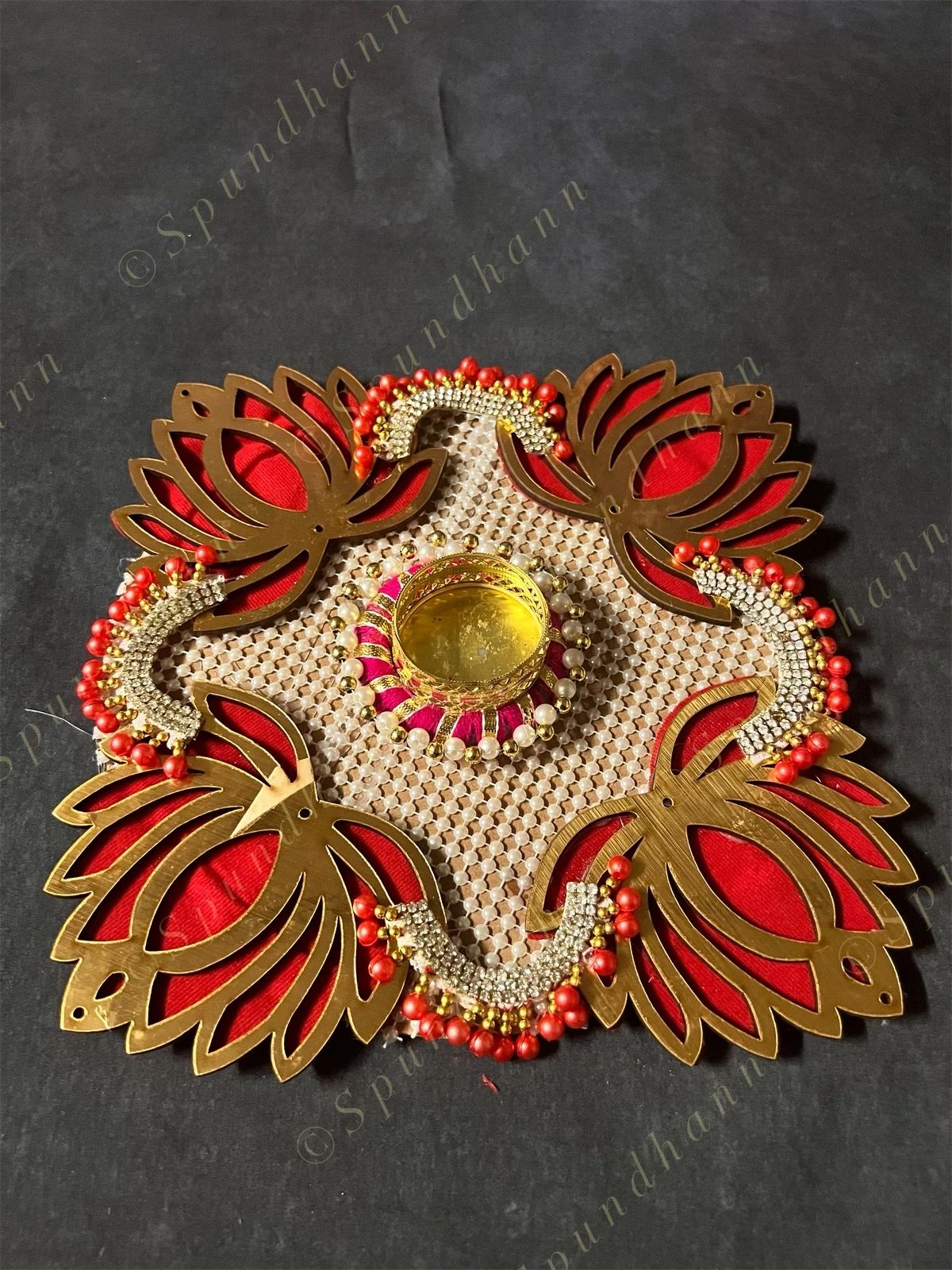 Red Lotus with Pearls & Gota Decorative Tea Light Holder - Square