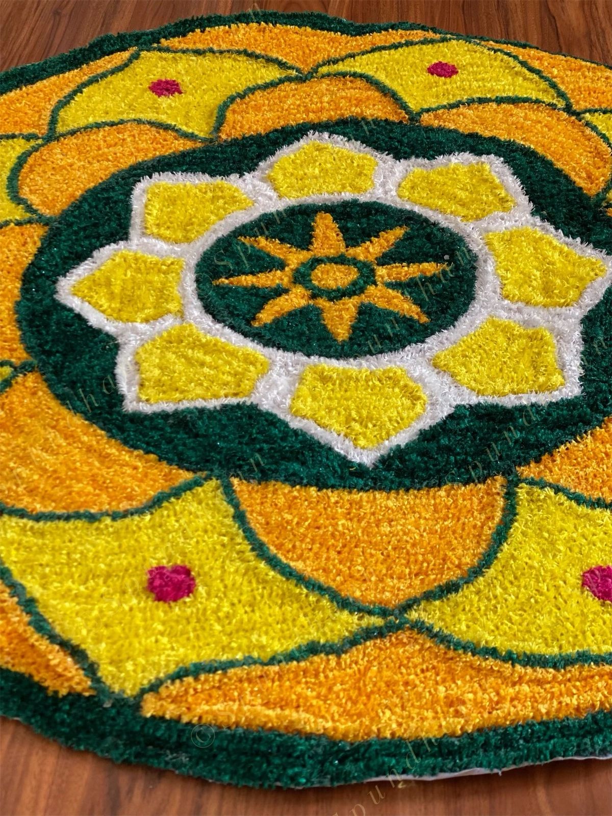 Yellow, Green & Red Round Floral Rangoli Floor Mat
