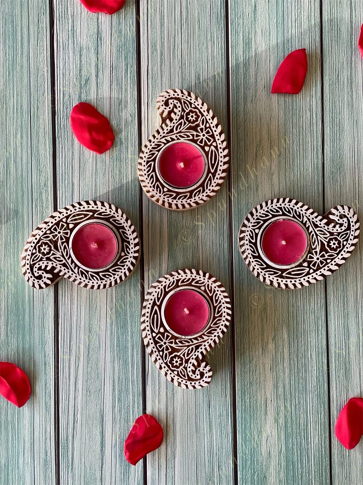 Paisley Shaped Wooden Block Tea Light Holder