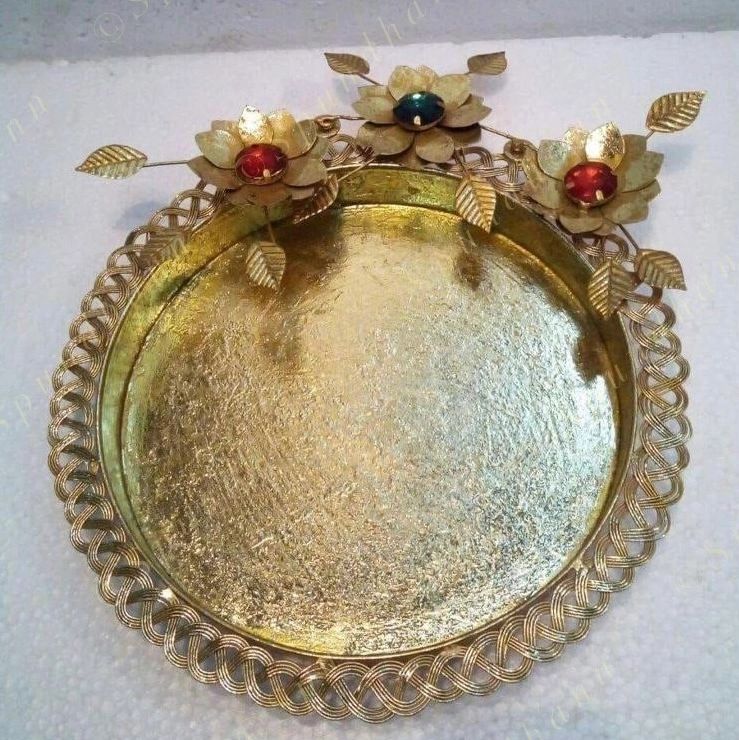 Decorative Gold Color White/Green Studded Floral Platter