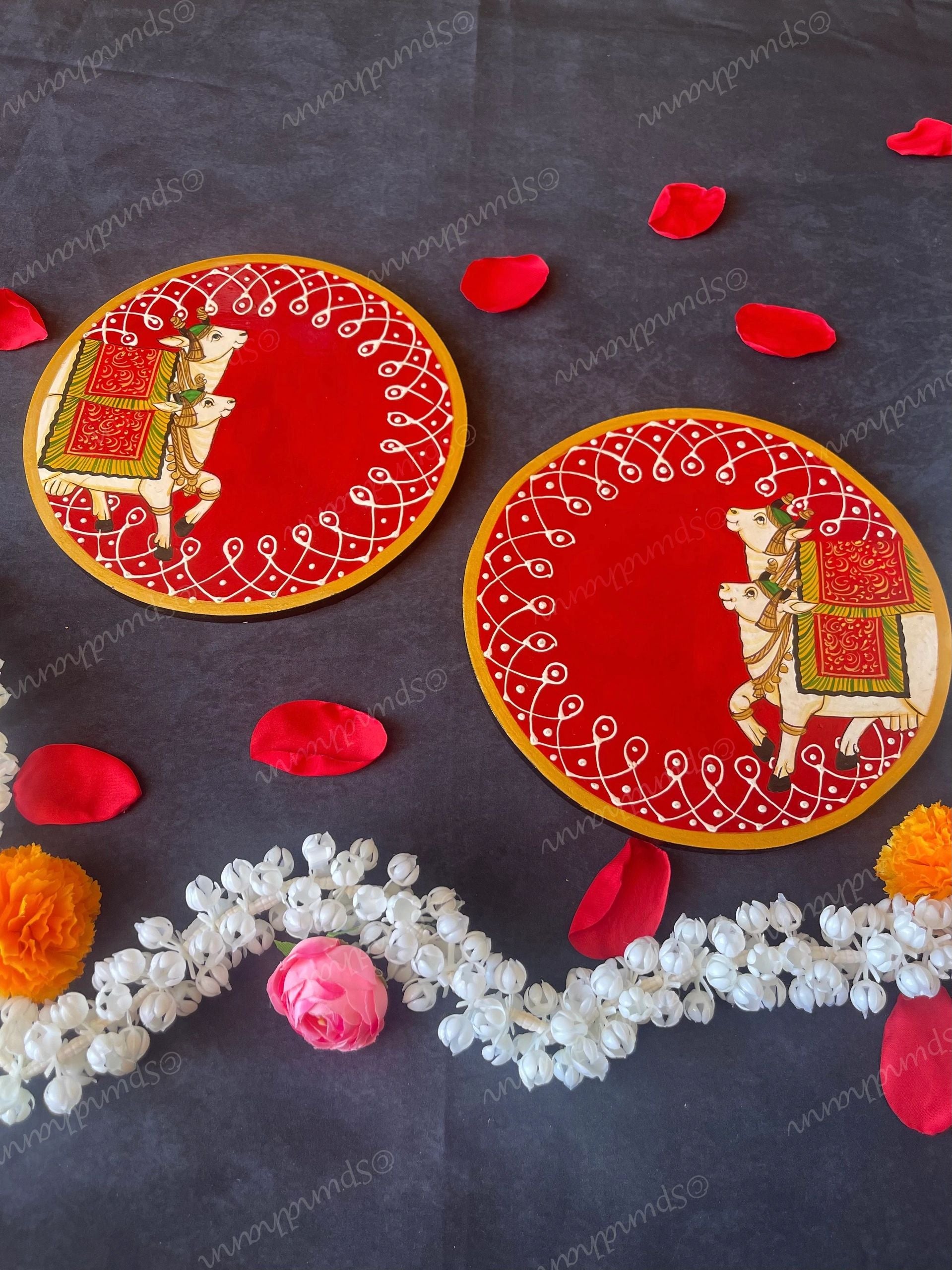 Green & Red Traditional Pichwai Wall Hanging Plate