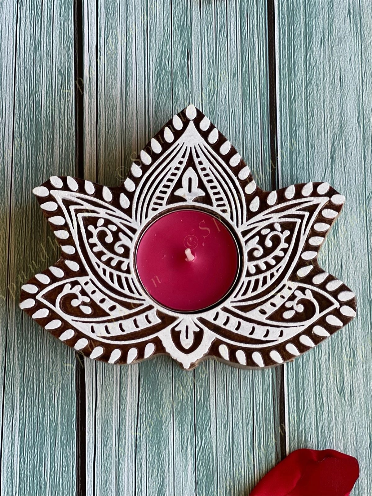 Lotus Shaped Wooden Block Tea Light Holder
