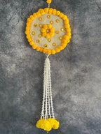 Yellow Pom Pom Mirror Circular Hanging Decor with Marigold Tassels