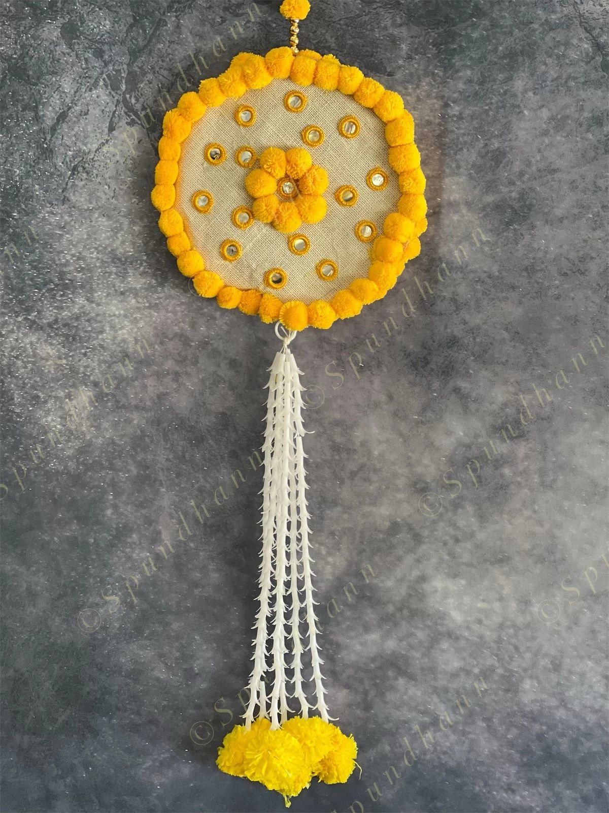 Yellow Pom Pom Mirror Circular Hanging Decor with Marigold Tassels