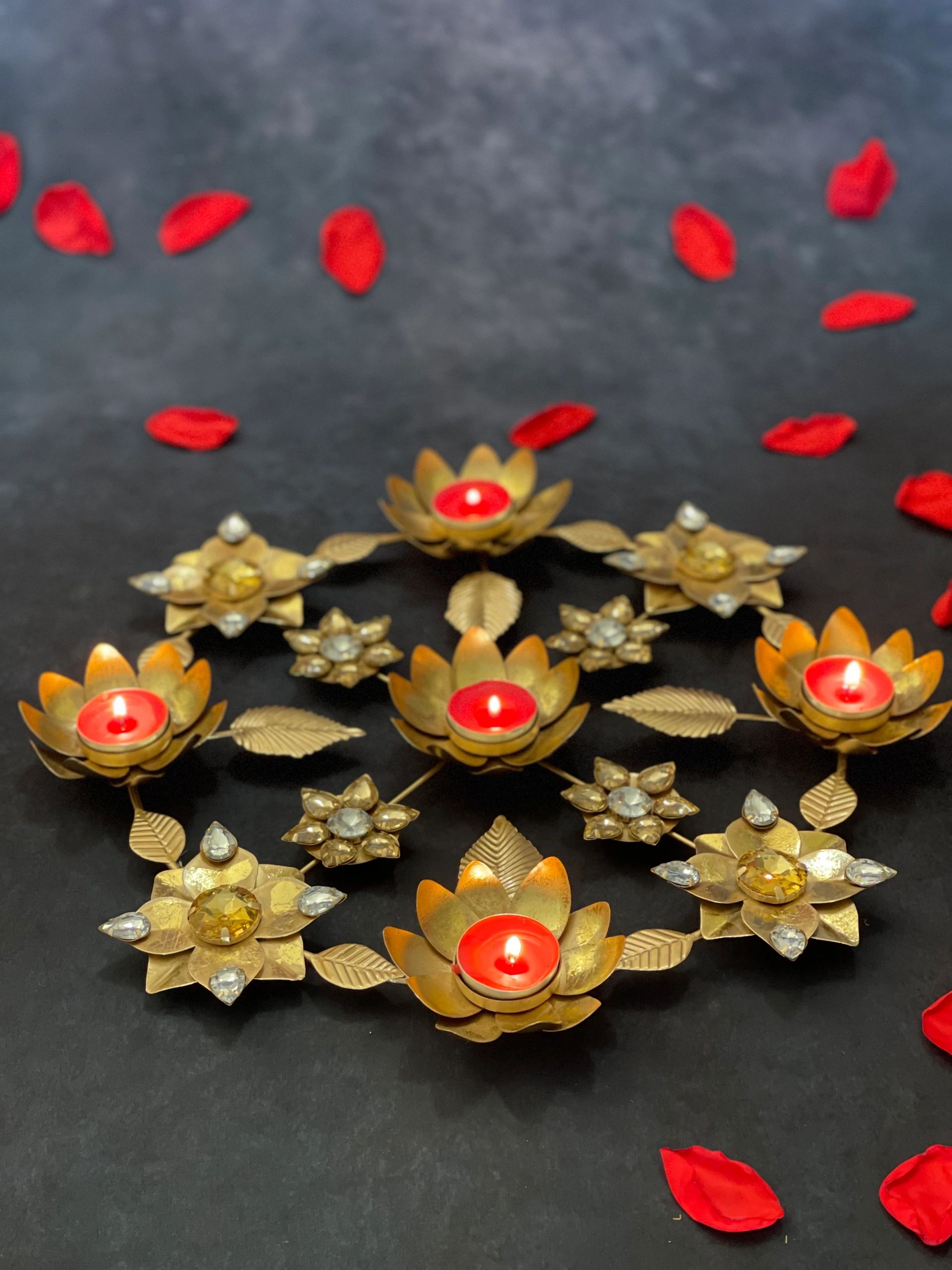 Embellished Floral & Gemstone Rangoli Tea Light Holder