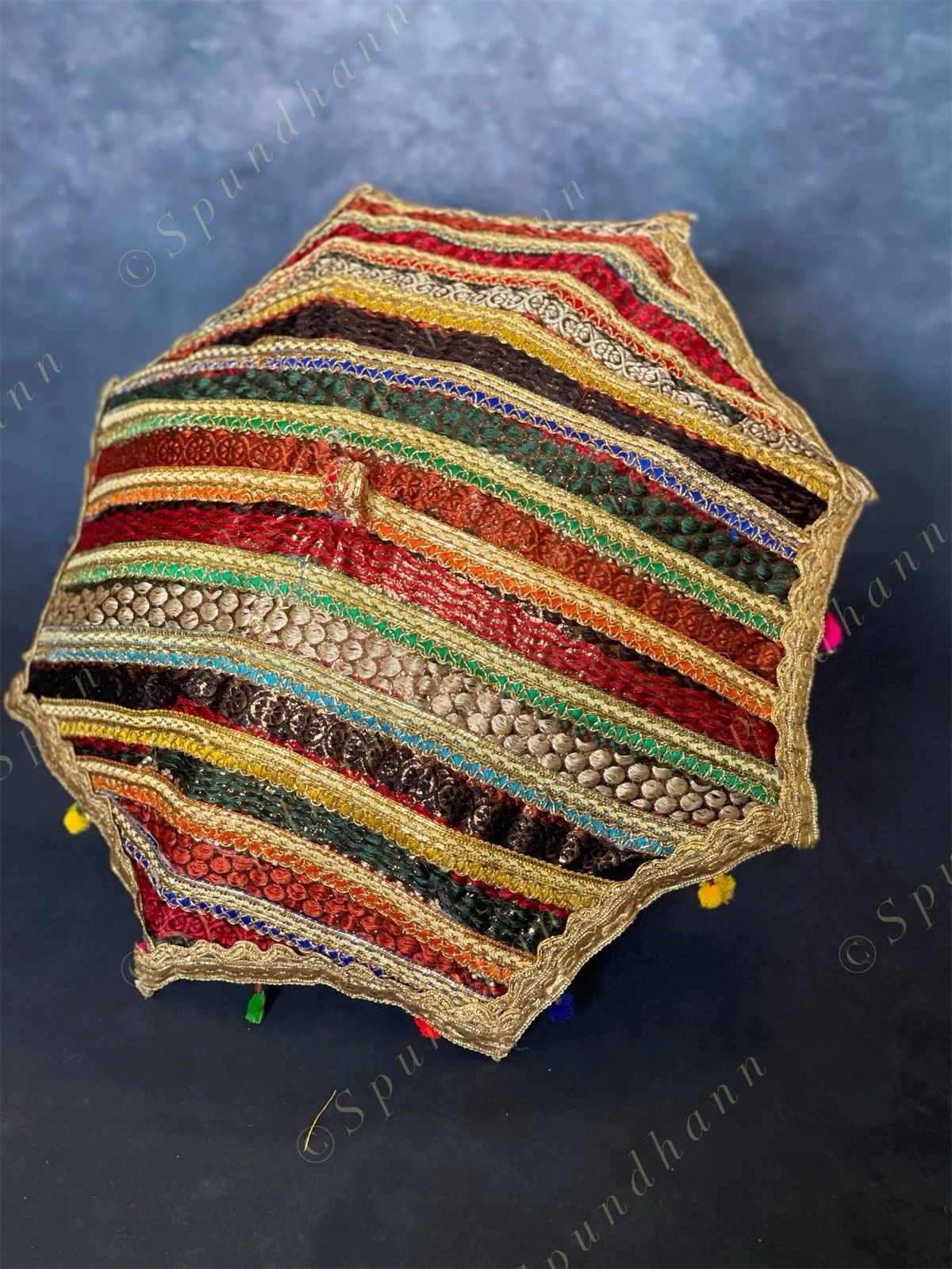 Multicolored Cotton Fabric Gold Embroidered & Striped Vintage Umbrellas
