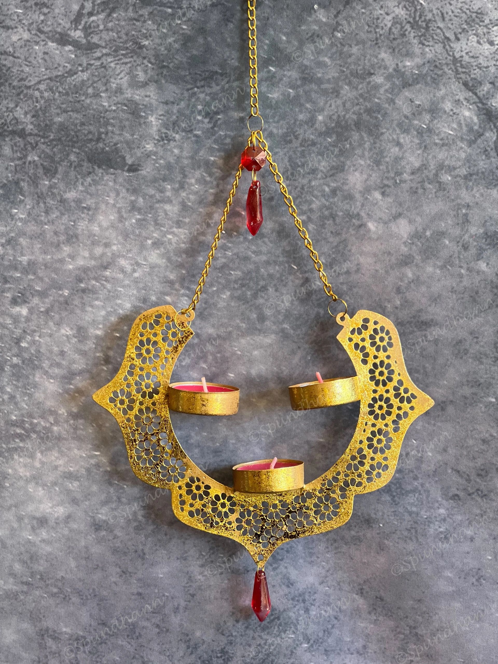 Dainty Metal Hanging Pendant Tea Light Holder with Red Drop