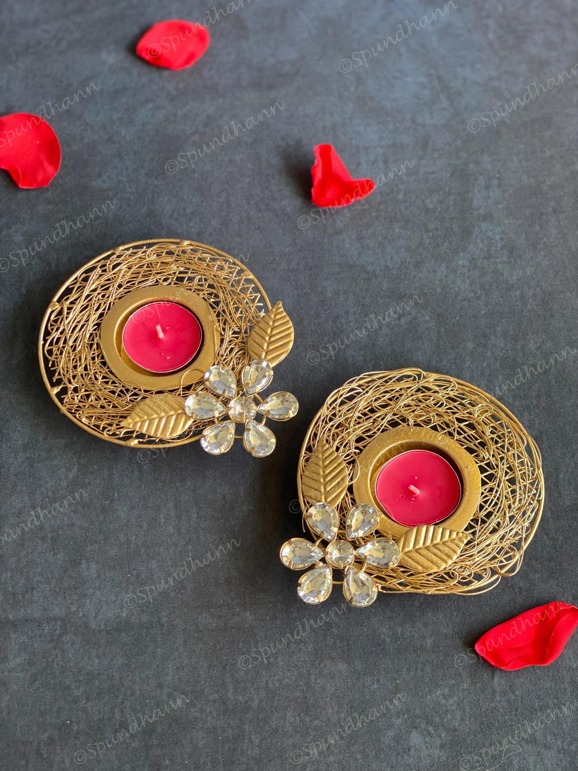 Gold Wired & Studded Floral Tea Light Holder