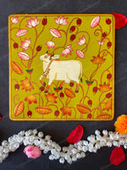 Pichwai Cow with Lotus Square Wall Hanging Plate
