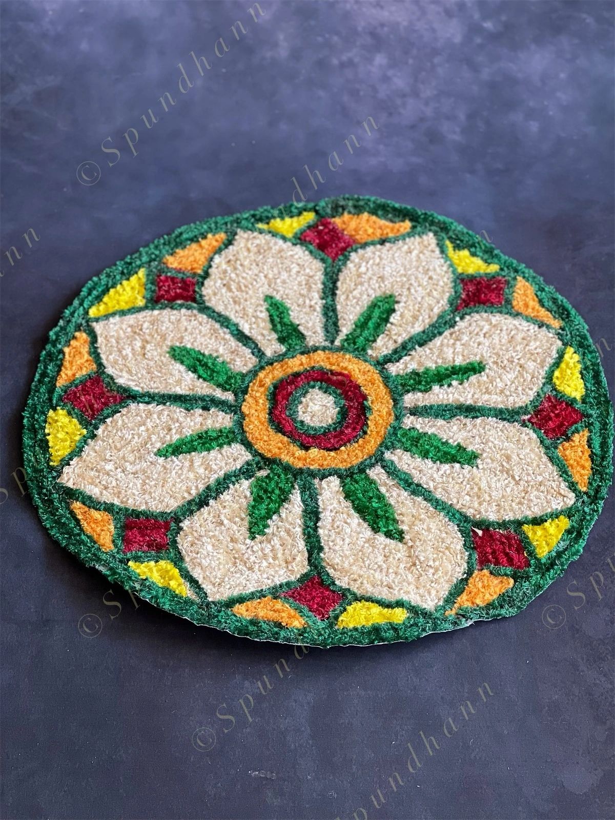 Medium White, Green & Red Round Floral Rangoli Floor Mat