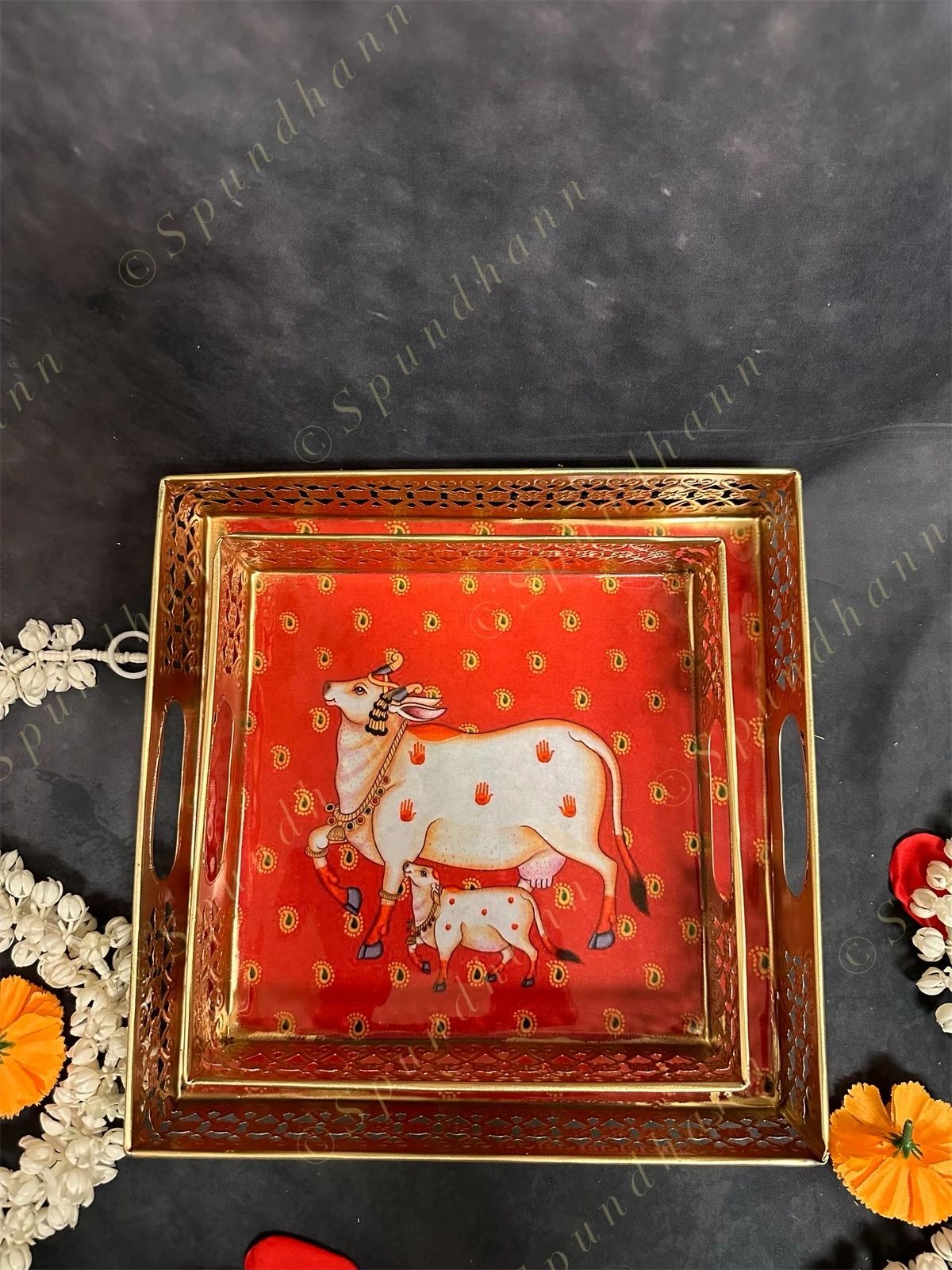 Traditional Golden Tray With Pichwai Art Picture Set of 2