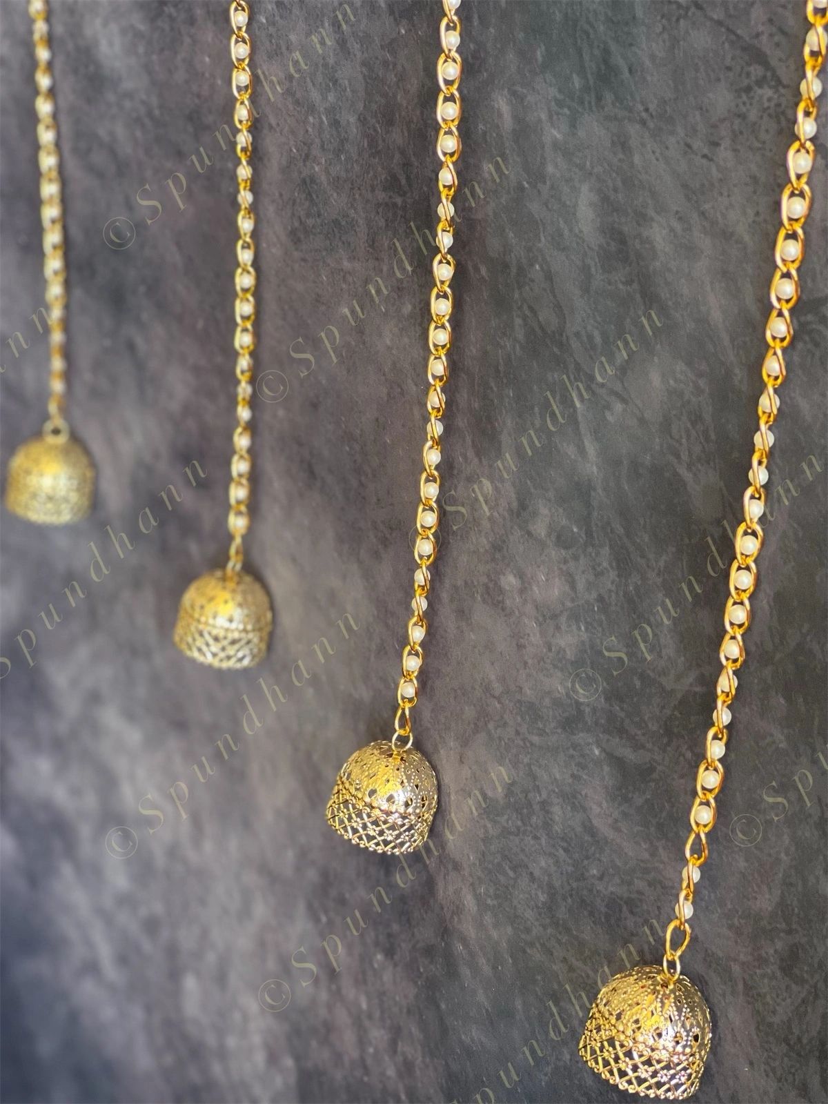 Golden Bell Dome Danglers with Pearl Chain String Pair