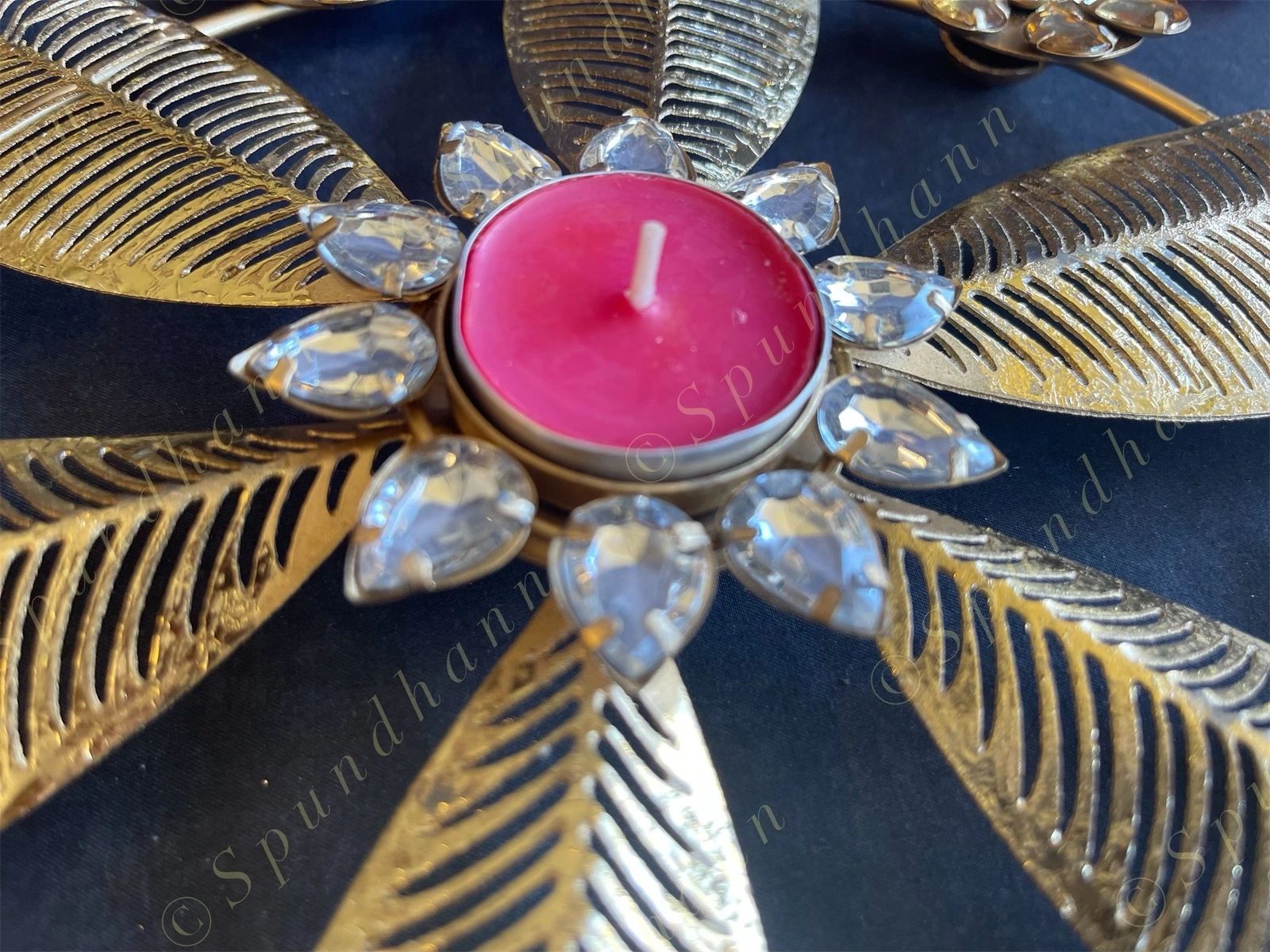 Floral Metal Rangoli with Small Gemstones Tea Light Holder