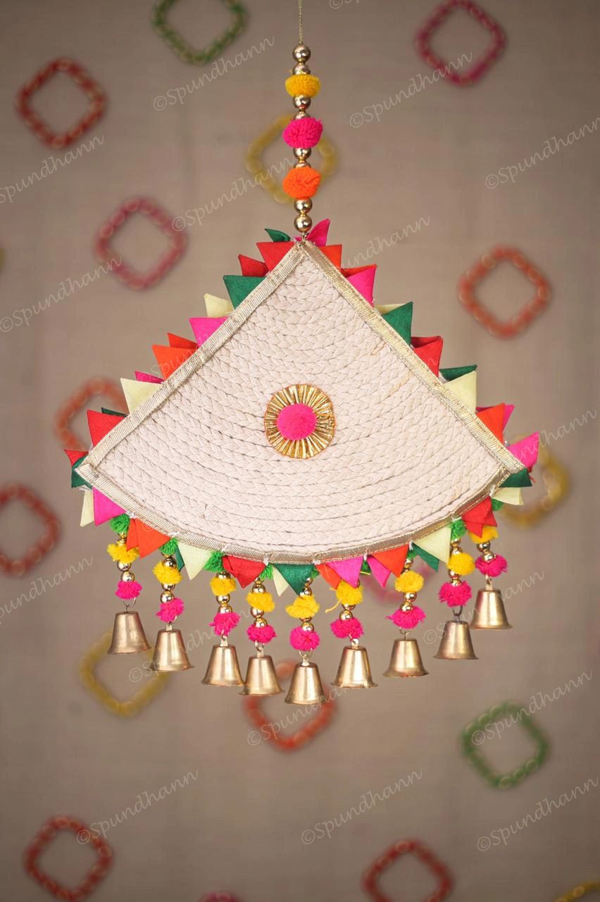 White Triangular Wall Hanging with Pom Pom & Bell Dangler