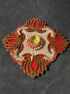 Red Lotus with Pearls & Gota Decorative Tea Light Holder - Square