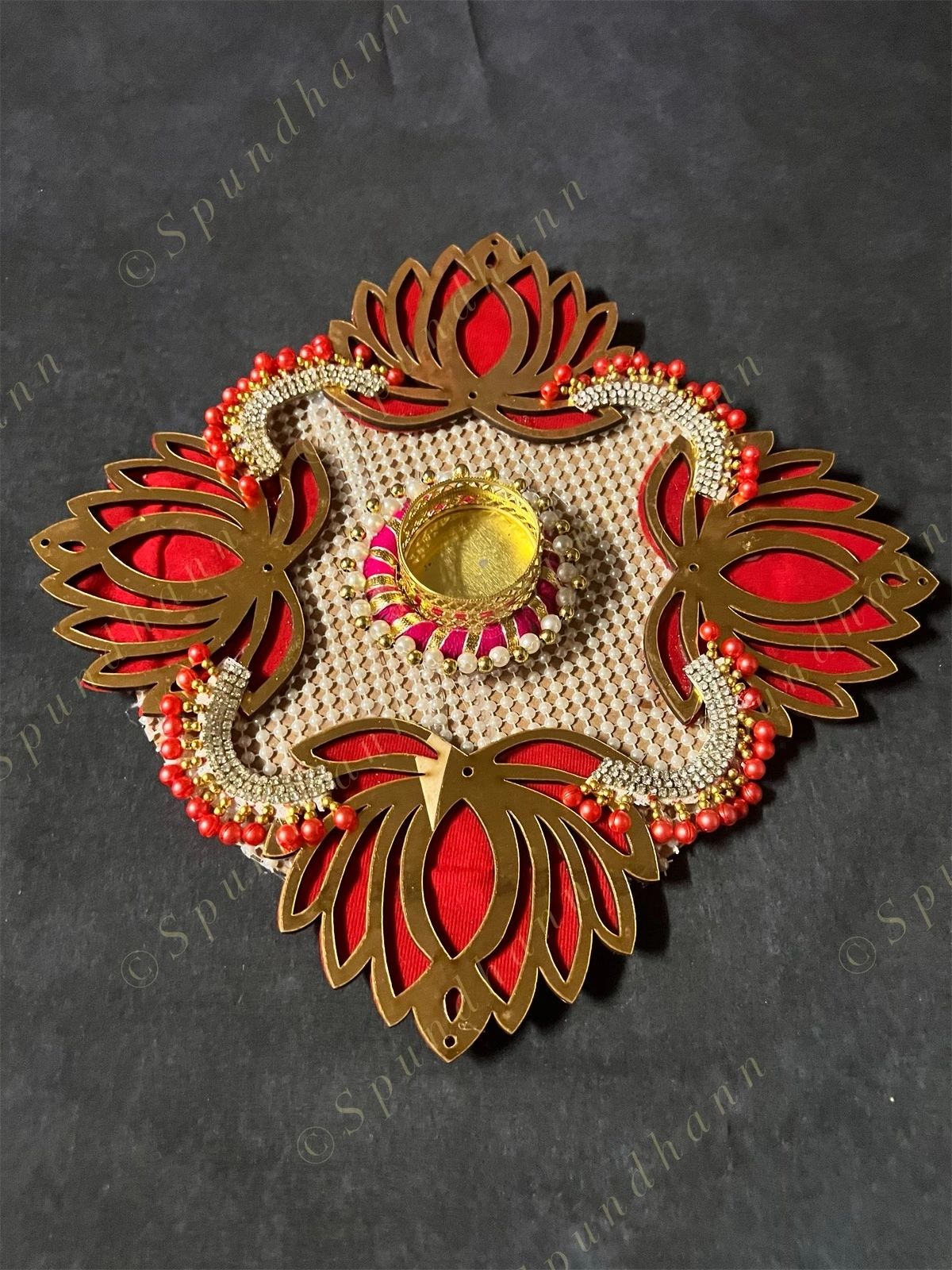 Red Lotus with Pearls & Gota Decorative Tea Light Holder - Square