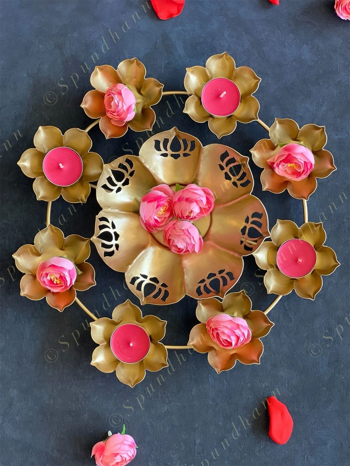Small Lotus Rangoli Urli with Tea Light Holders