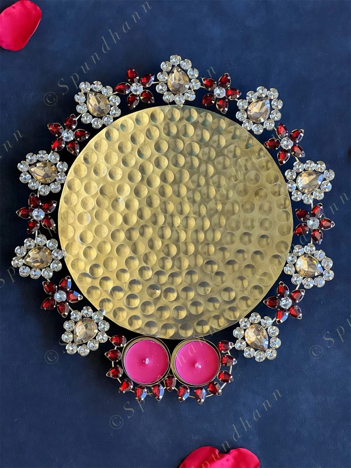 Red & White Gemstone Drops Golden Platter / Plate with Tea Light Holder