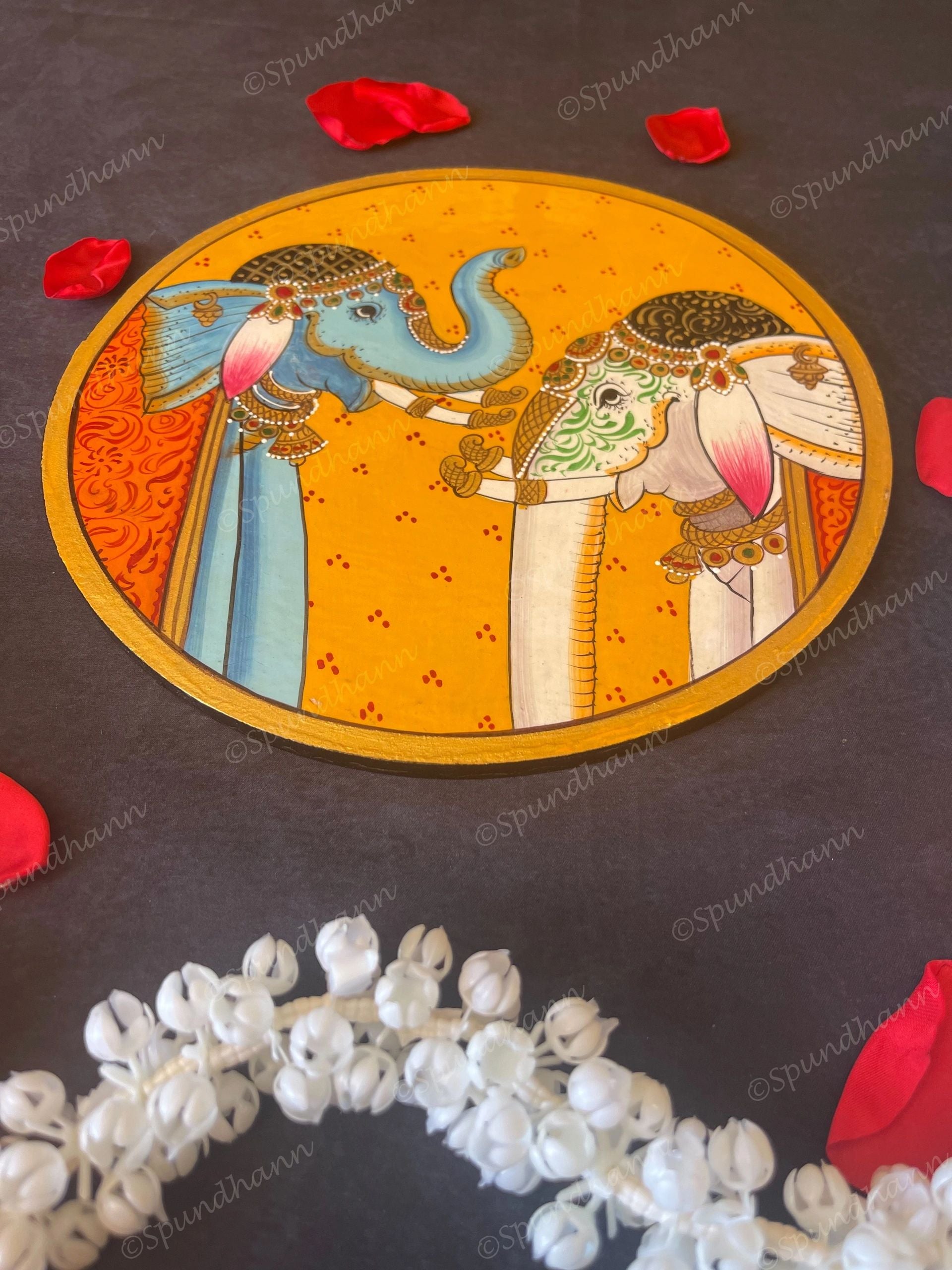 Royal Elephant Pair In Orange Background Pichwai Wall Hanging Plate