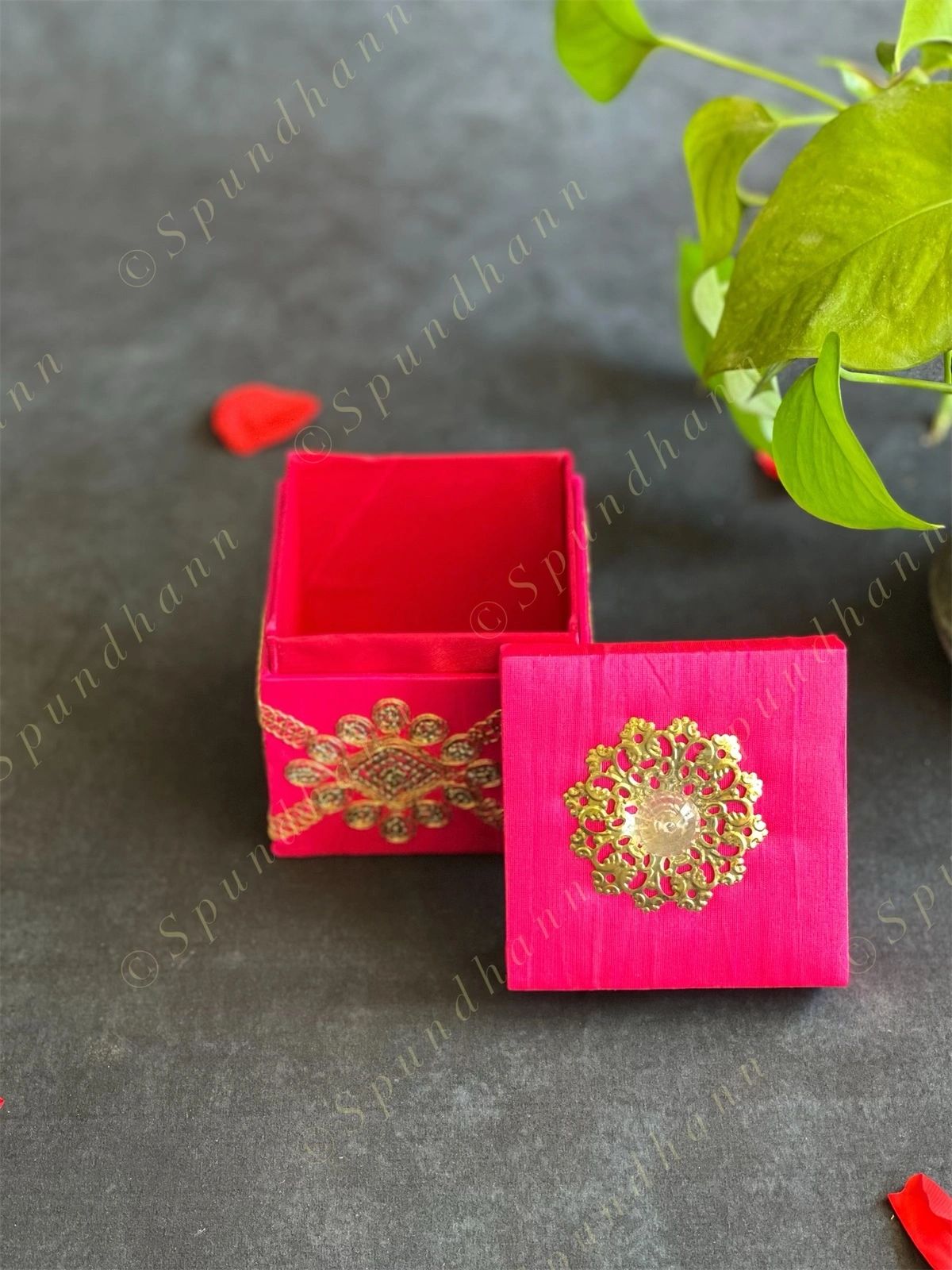 Pink Square Gift Box with Golden Embroidery